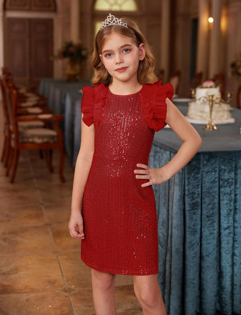Girls Sequin Formal Pageant Fancy Party Ruffle Prom Maxi Dress