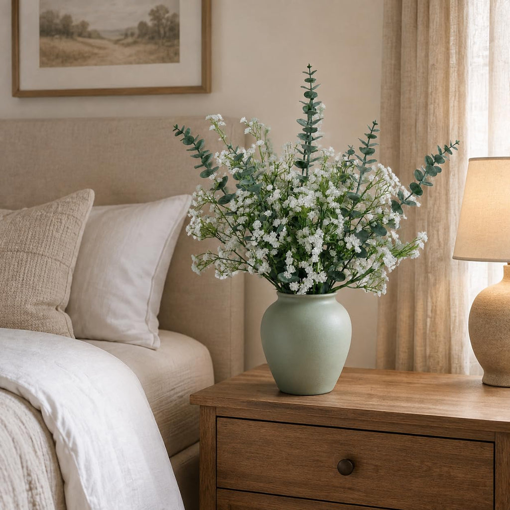 White Babys Breath Artificial Flowers with Fake Eucalyptus Leaves, 18Pcs