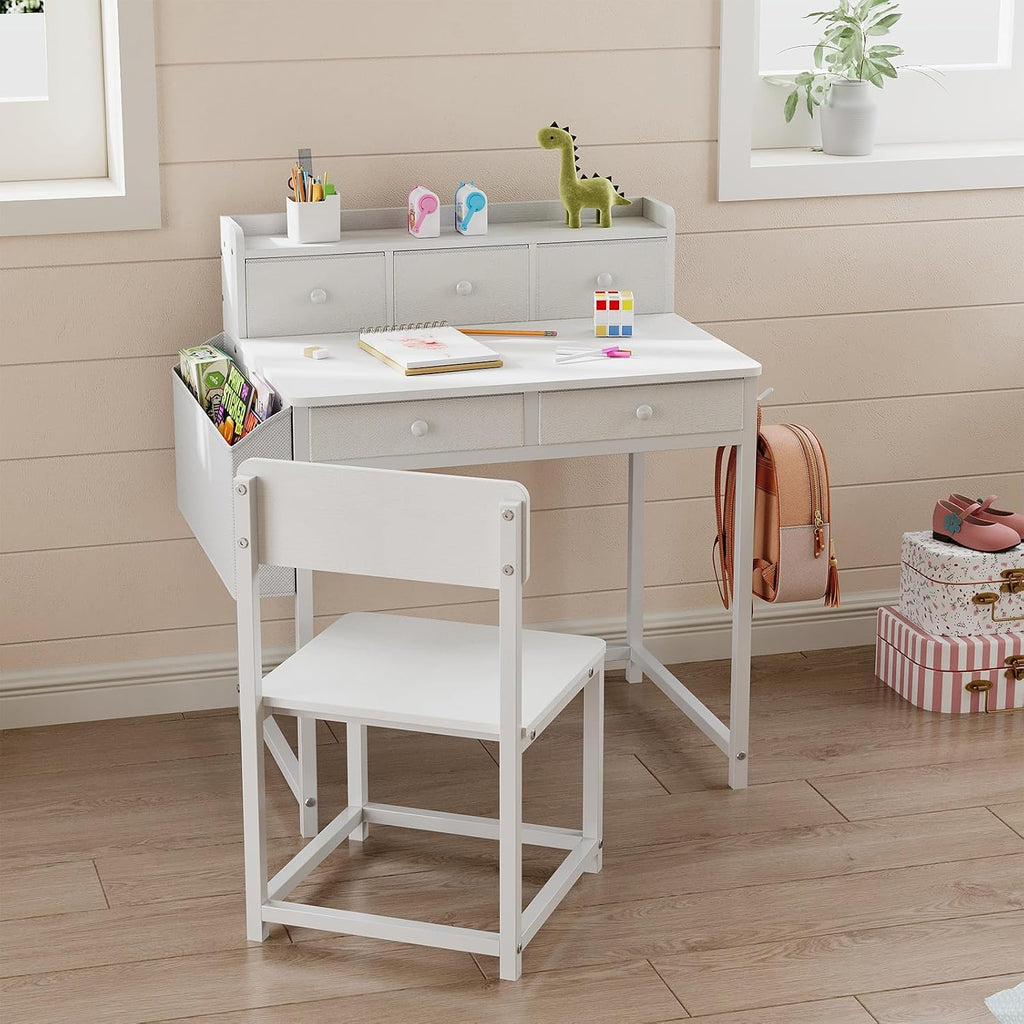 Kids Desk and Chair Set with 5 Fabrics Drawers, Ages 5-8, White