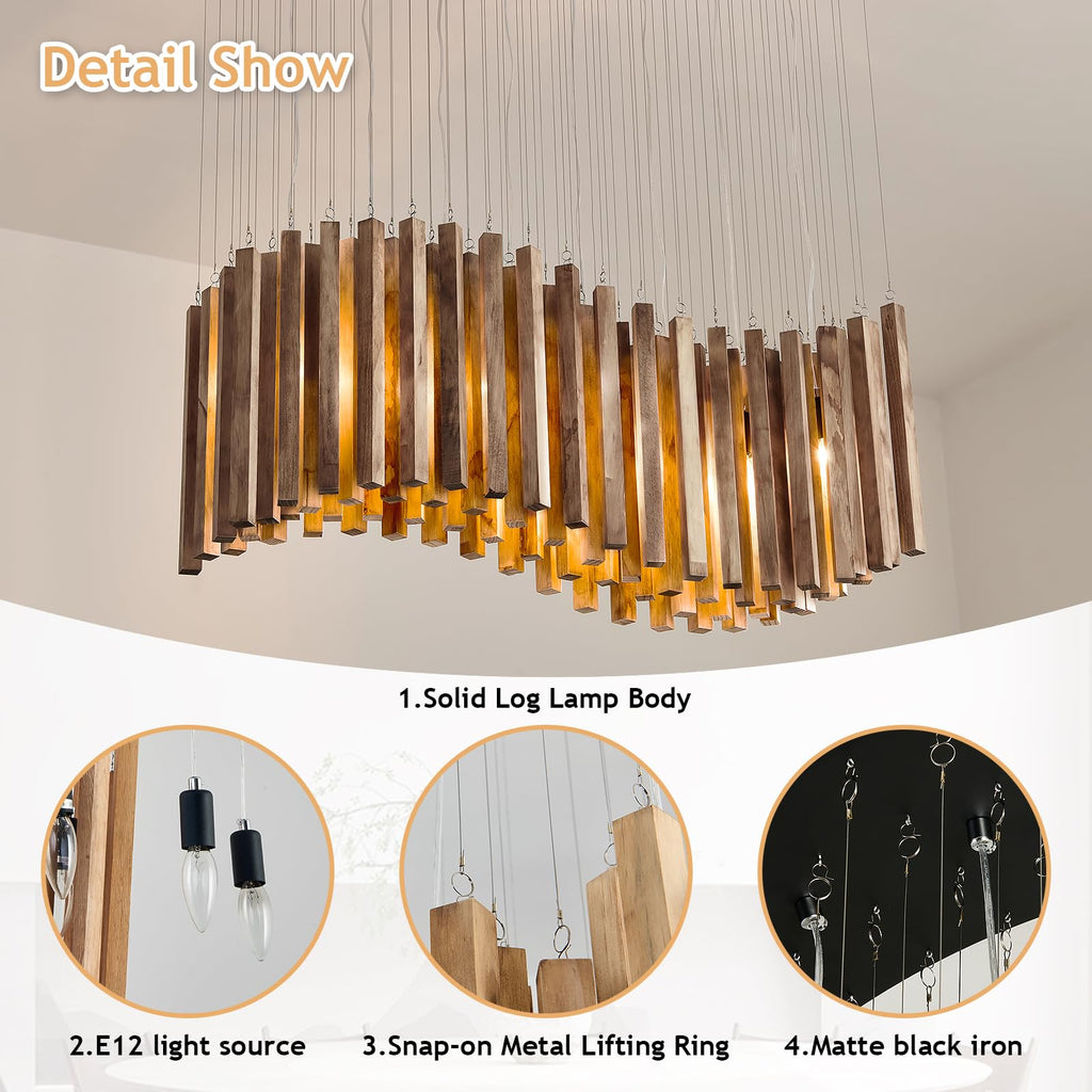 8 Light Wood Chandelier Light Fixture Boho Pendant Light Rustic Large Hanging lamp for Farmhouse Living Doom Entryway