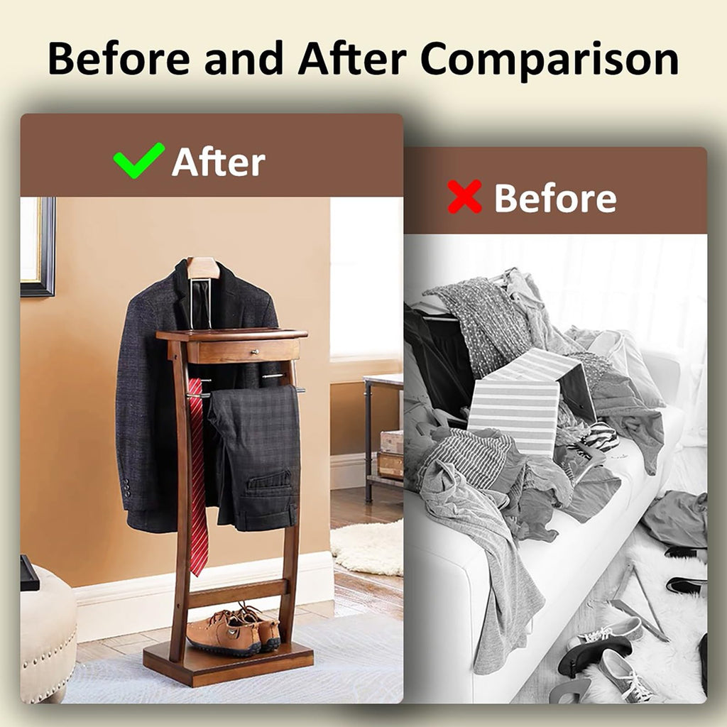 Wood Clothes Valet Stand with Tray, Floor Standing Suit Valet Stand with Drawers and Front Trouser Rack, Men's Valet