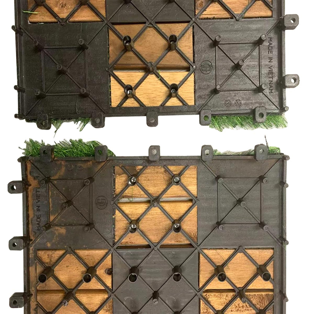 Artificial Grass with Acacia Wood Deck Tiles 10PCS 12''x12'' Interlocking Deck Tiles,Patio Deck Tiles, Wood Deck Tiles