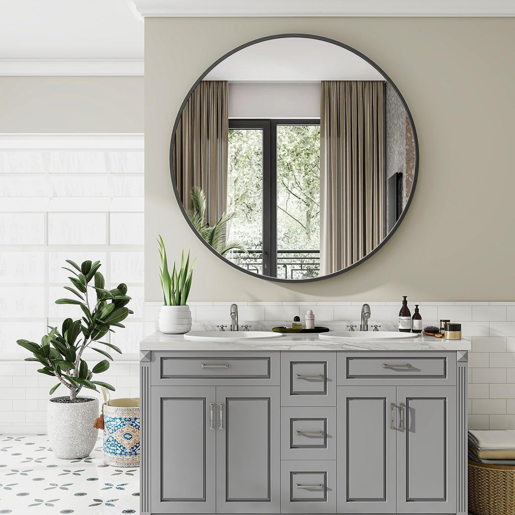 Large Black Round Bathroom Mirror 48" with Thin Metal Frame