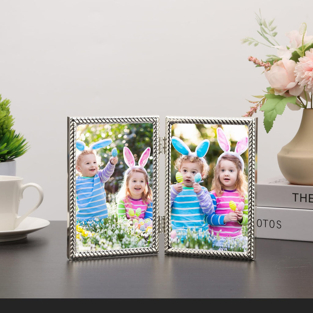 4x6'' Silver Hinged Double Picture Frames, Rope Design Metal Photo Frame with Black Velvet Backing and Real Glass