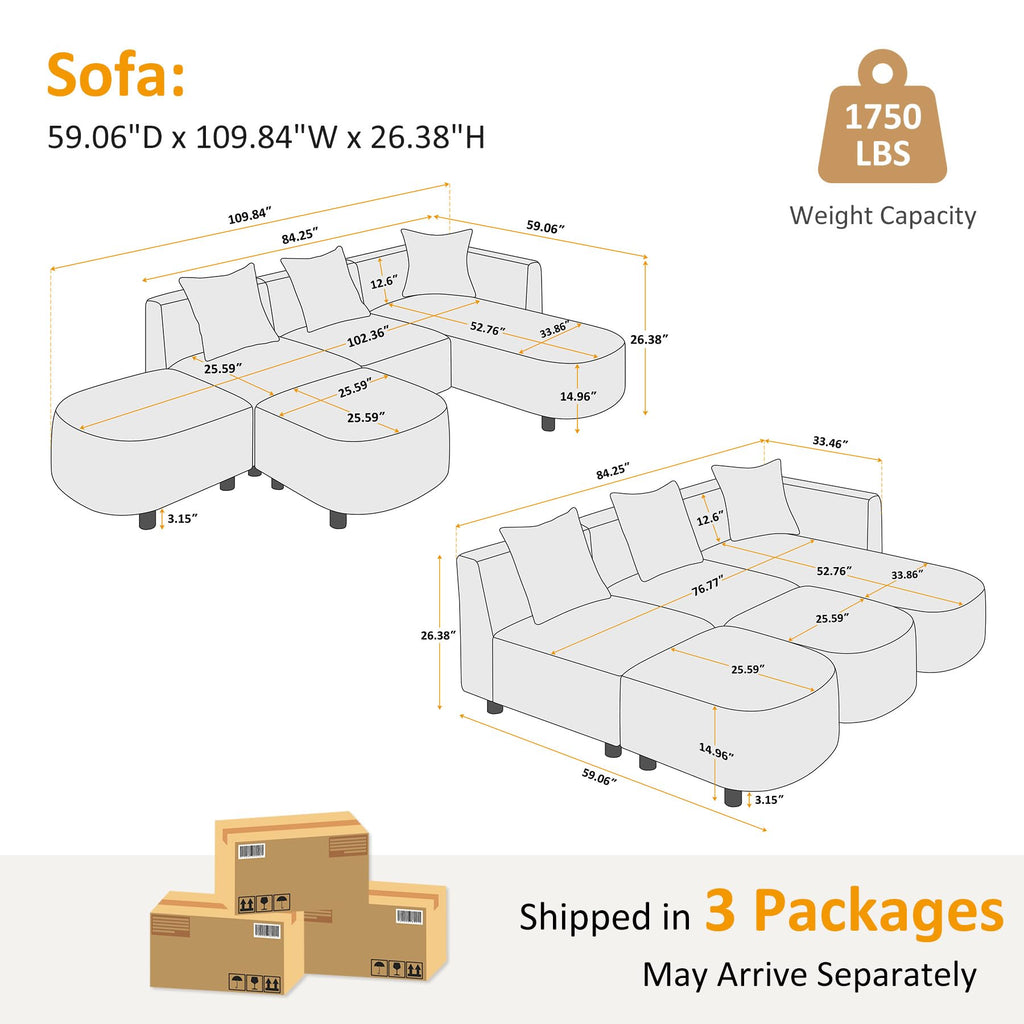 109.84" Modular Sectional Sofa with Pillows, 5-Seater, Boucle Curry