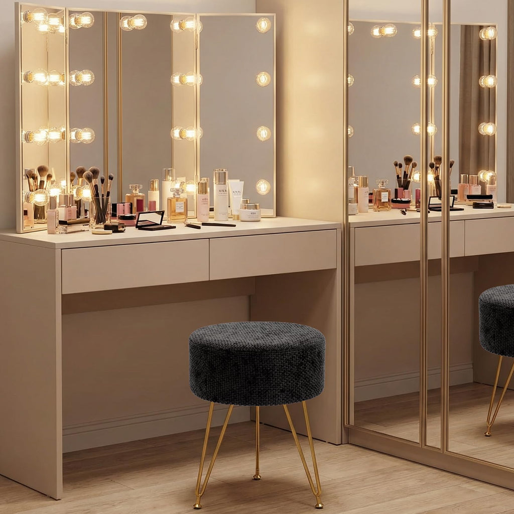 Velvet Vanity Stool, Heavy-Duty Makeup Stool with 4CM Thick Cushion, Round Ottoman Footrest Chair, Dressing