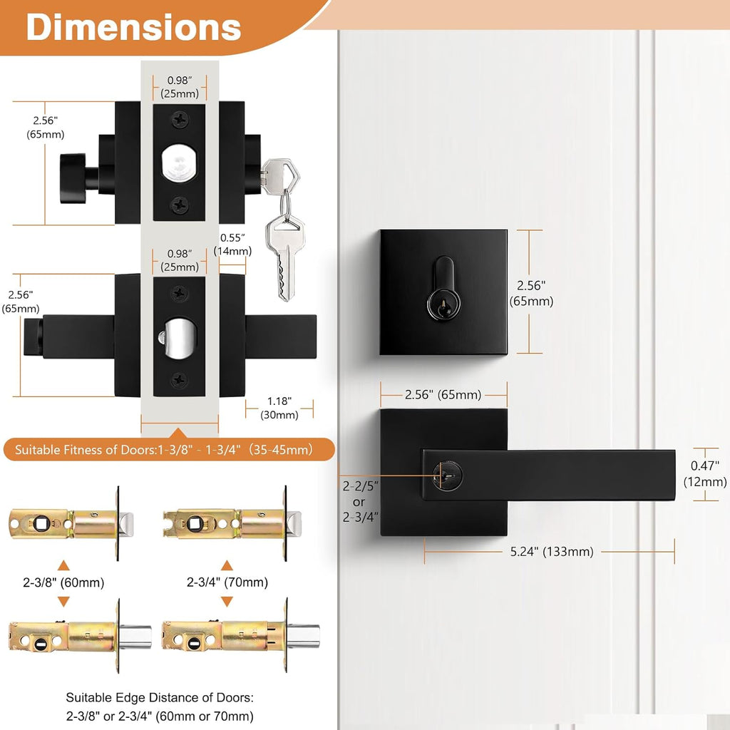 Flat Black Entry Levers Lock Sets and Single Cylinder Deadbolts Keyed Alike Combination Set - Door Lever
