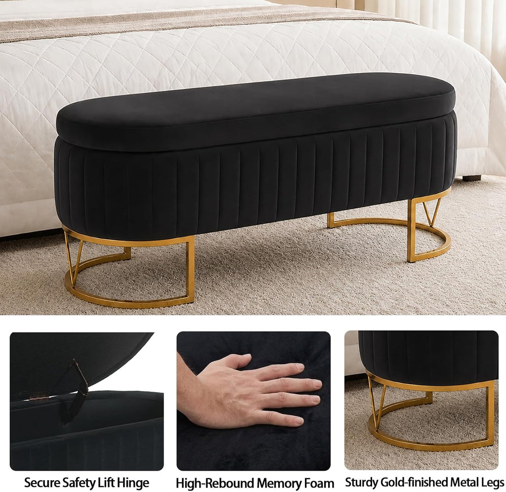 46" Storage Ottoman Bench, Velvet Oval End of Bed Bench Black | Easy 1-Min Assembly, High-Resilience Foam, Large