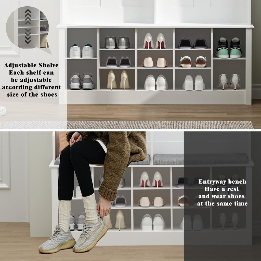 Hall Tree with Bench and Shoe Storage, 53" Farmhouse 4-in-1 Mudroom Storage Organizer with Coat Rack, 6 Hooks, 12
