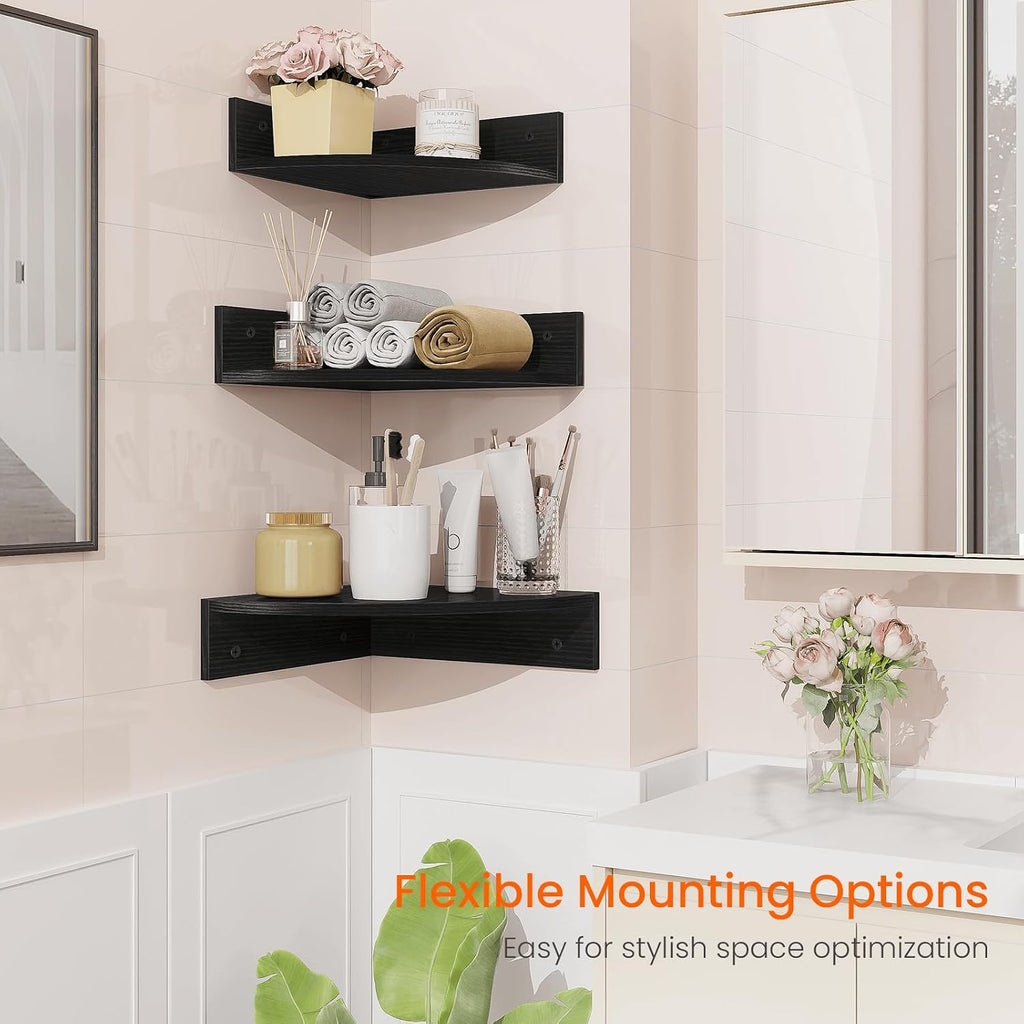 Corner Floating Shelves, Set of 3 Corner Shelves Wall Mounted with Cable Hole, 3 Tier Wooden Hanging Corner Storage