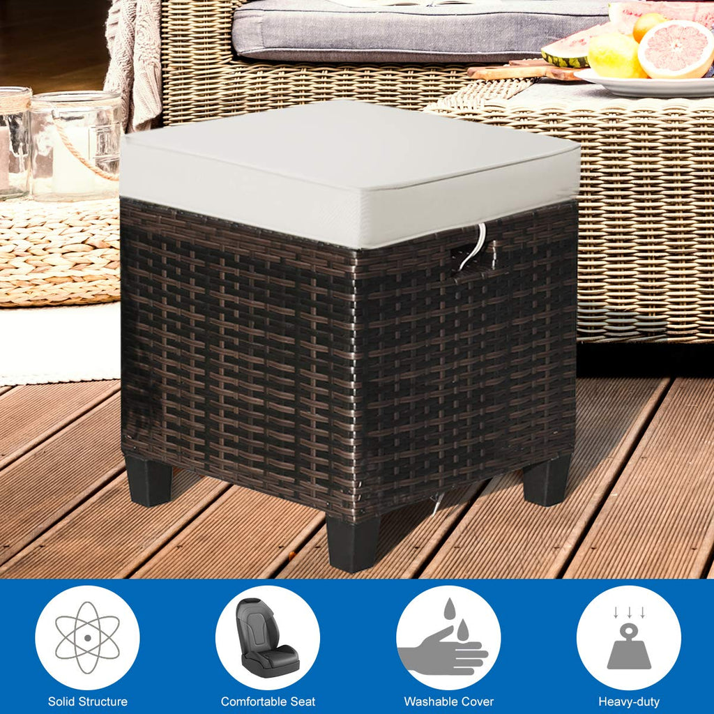 Outdoor Ottoman Set of 2, All Weather Rattan Wicker Patio Ottoman w/Removable Cushions, Outdoor Footstool Footrest