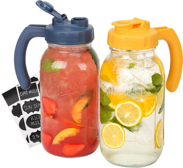 Glass Mason Jar Pitcher with Lid, Wide Mouth Flip Cap Pour Spout Leak-proof Lid with Handle, 64 oz (2 Quart / 1.9