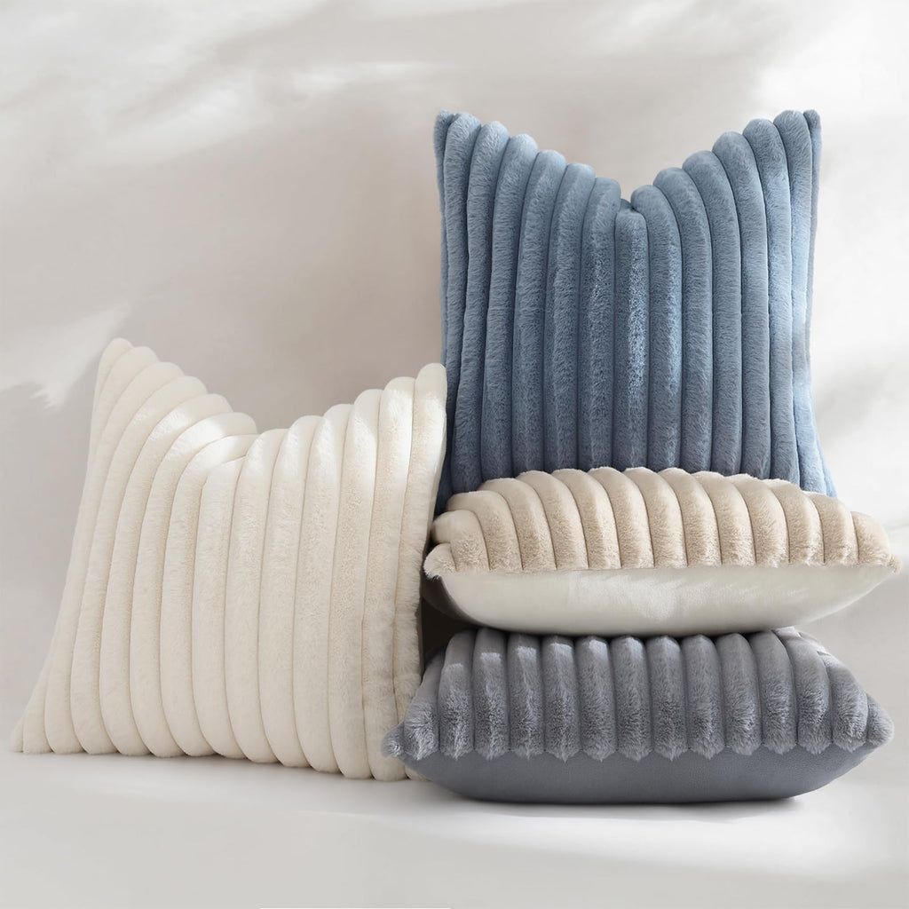 Fall Faux Fur Throw Pillow Covers 18x18 Set of 2 Grey Blue