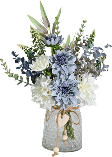 Artificial Flowers with Vase, Faux Dahlia Flower Arrangement in Glass Vase, Blue and White Silk Flowers