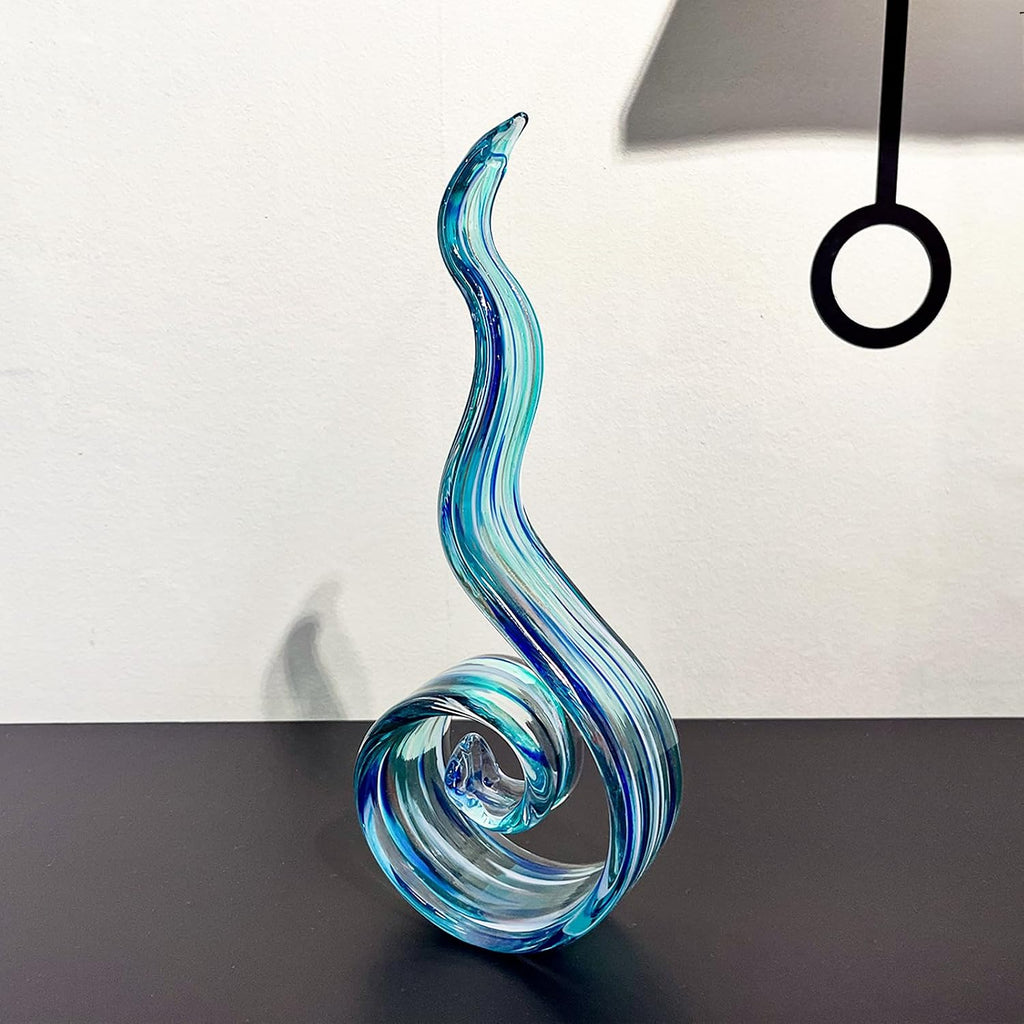 11.4" Tall Hand Blown Glass Sculpture, Murano Style Art , Modern Coastal Home Decor Accent for Shelf