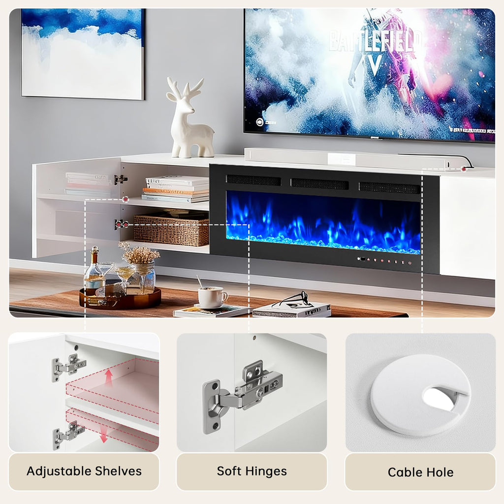 80" Floating TV Stand with 40" Electric Fireplace, Modern Entertainment Center with Storage, Adjustable 12-Color LED