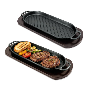 Cast Iron Sizzling Plate with Wooden Base Set of 2, Pre-seasoned Fajita Skillet for Steak and Seafood, Professional