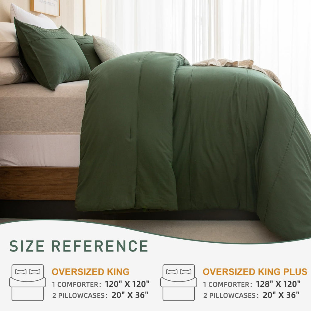 Olive Green Comforter 120"x120", Cotton Pleated Dark Green Bedding Comforter Set, 3 Pieces Lightweight
