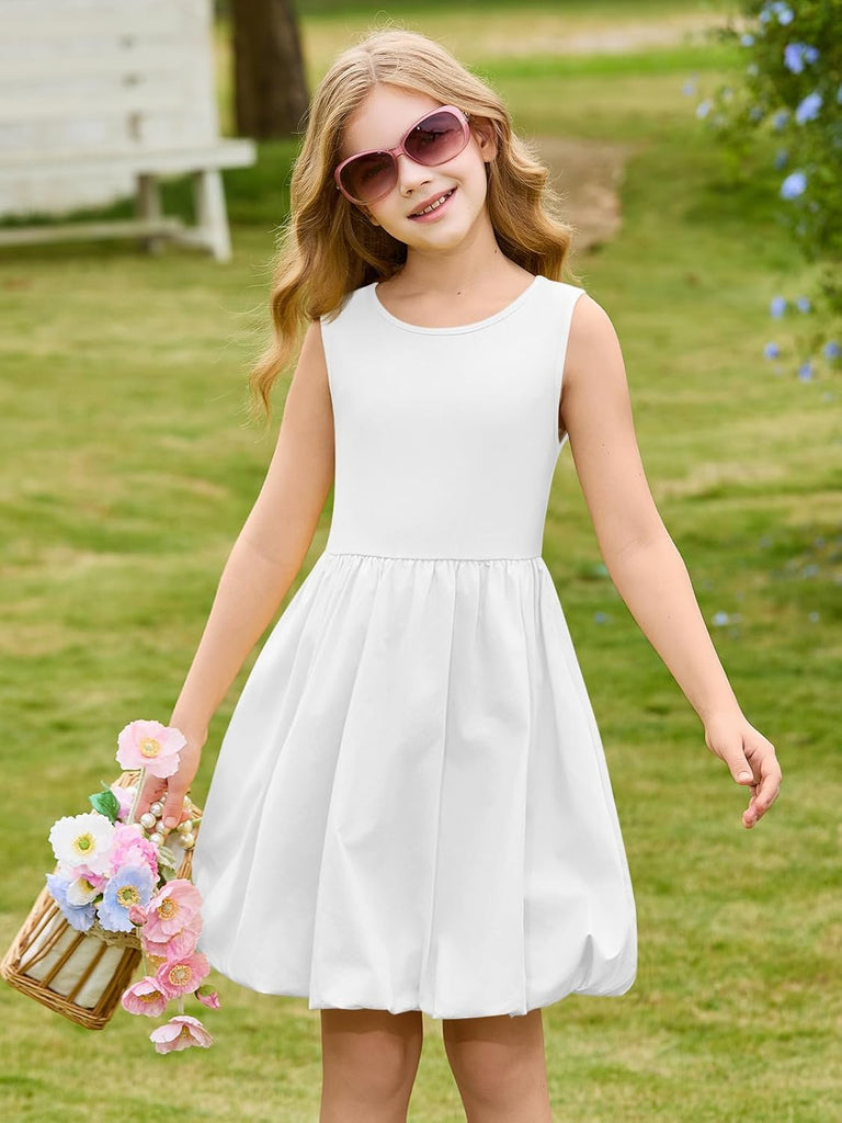 Girls Summer Sleeveless Bubble Dress Kids Cute Crew Neck Tank Mini Dresses with Pockets