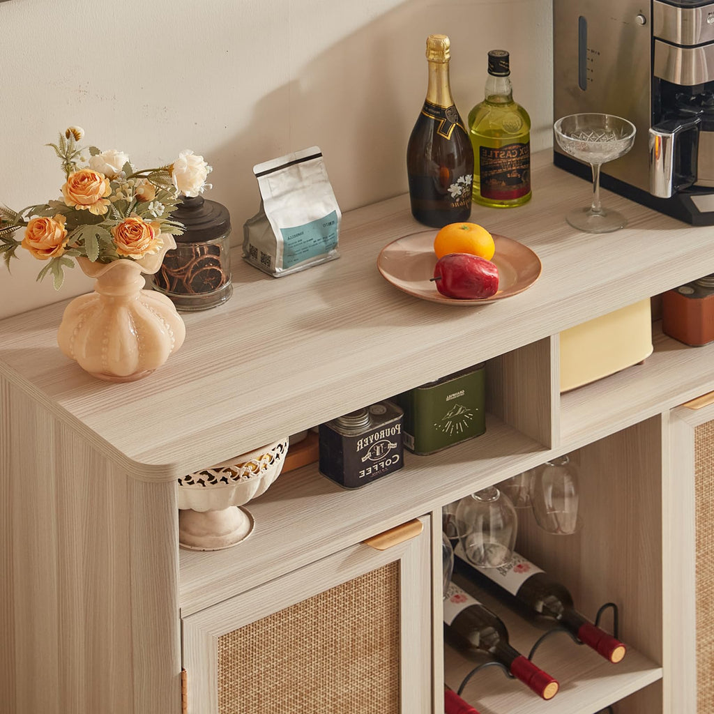 Rattan Wine Bar Cabinet with Storage, Grey White