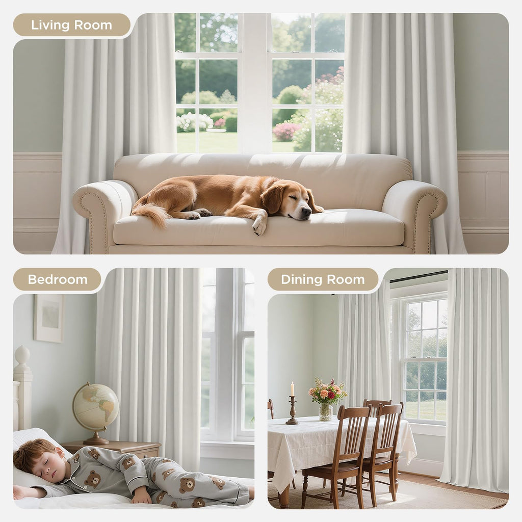 White Blackout Curtains 96 Inches Long - 100% Blackout Curtain 2 Panel Set, Rod Pocket & Back Tabs Thermal Insulated