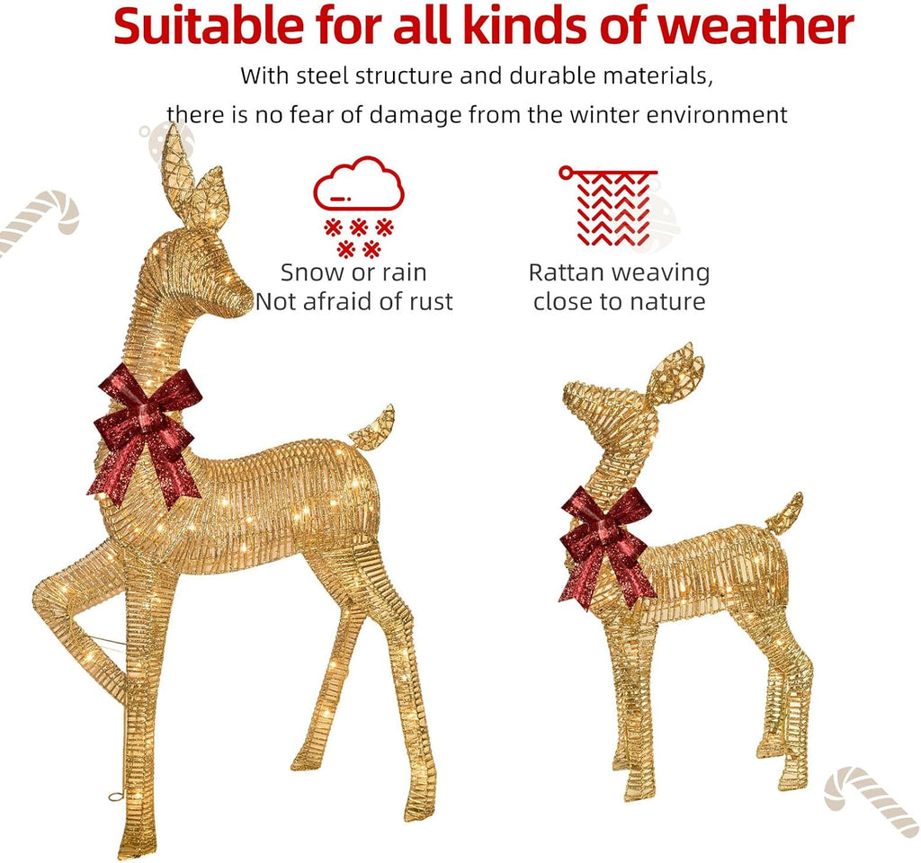 2-Piece Large Lighted Christmas Deer - Outdoor Yard Decoration Rattan Reindeer with 85 LED Lights, Stakes, Zip Ties