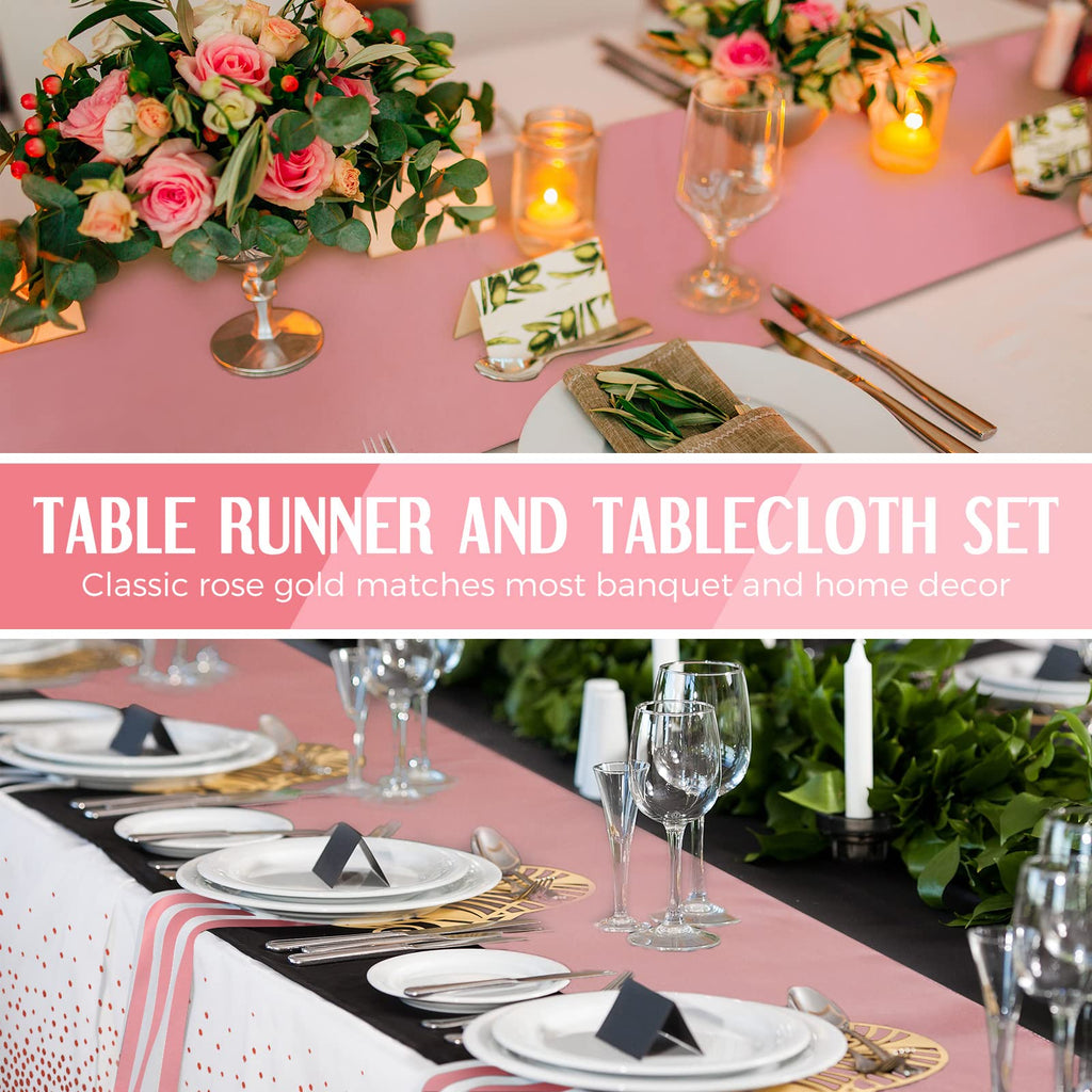 16 Pack White and Rose Gold Plastic Tablecloths Satin Runner Set
