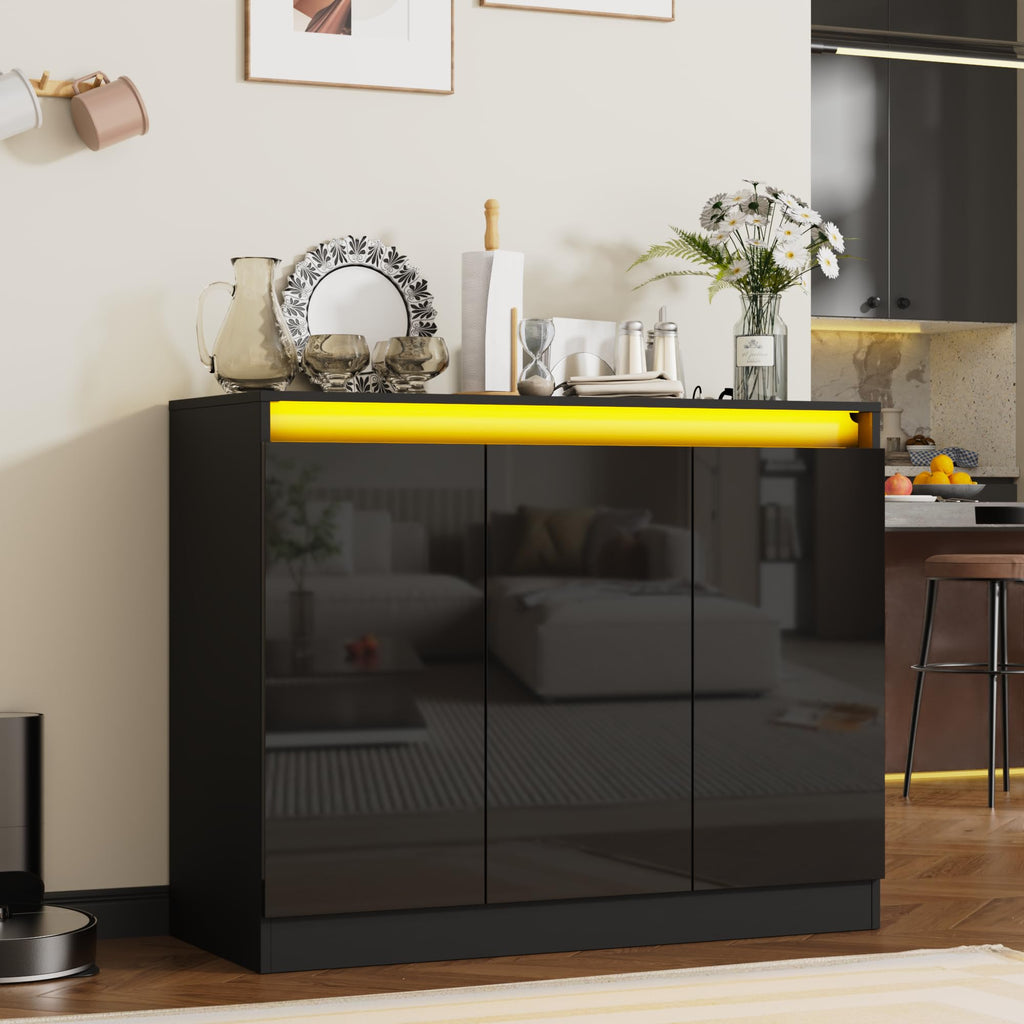 High Gloss Buffet Cabinet with LED Lights & Charging Station, Black