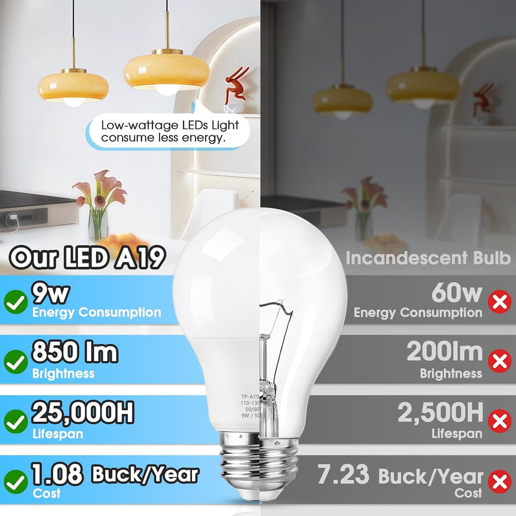A19 LED Light Bulbs, 60W Equivalent 5000K Daylight White 24-Pack