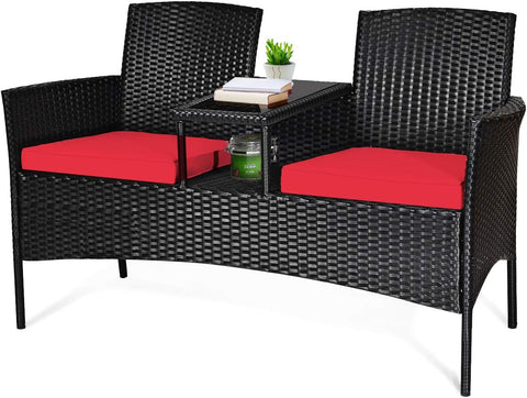 Wicker Patio Conversation Furniture Set, Outdoor Furniture Set with Removable Cushions & Table, Tempered Glass Top
