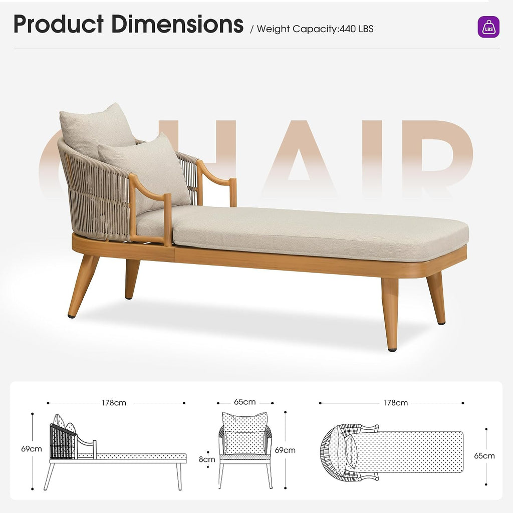 Patio Chaise Lounge Set of 2 with Soft Cushion, Teak | Ergonomic wraparound back, dual-height pillows