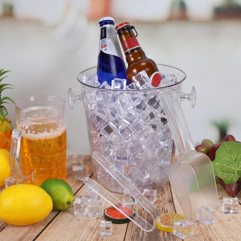 Acrylic Ice Buckets for Parties 3.5 L Plastic Clear Wine Bucket with Plastic Scoop and Tongs Bottle Drink Cooler - Set of 12