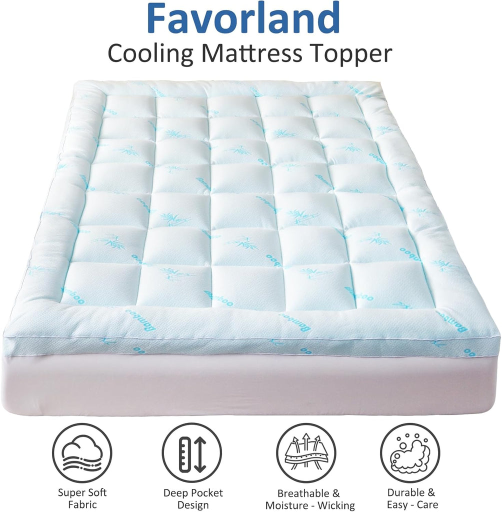 Mattress Topper Queen Size - Cooling Extra Thick Breathable Viscose Made from Bamboo Mattress pad - Soft Quilted