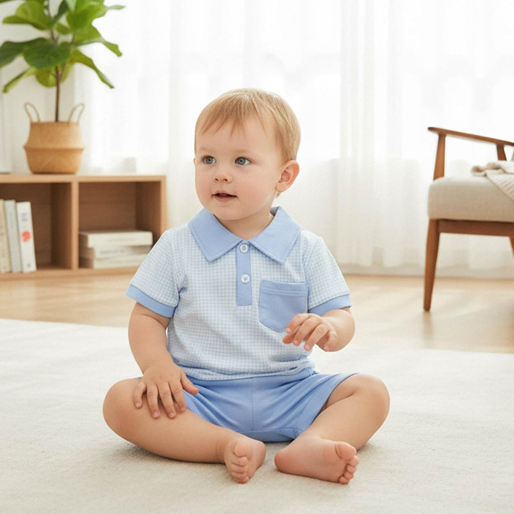 Toddler Baby Boy Summer Clothes Plaid Lapel Short Sleeve T-Shirt Top Shorts Sets Infant Outfit 6 12 18