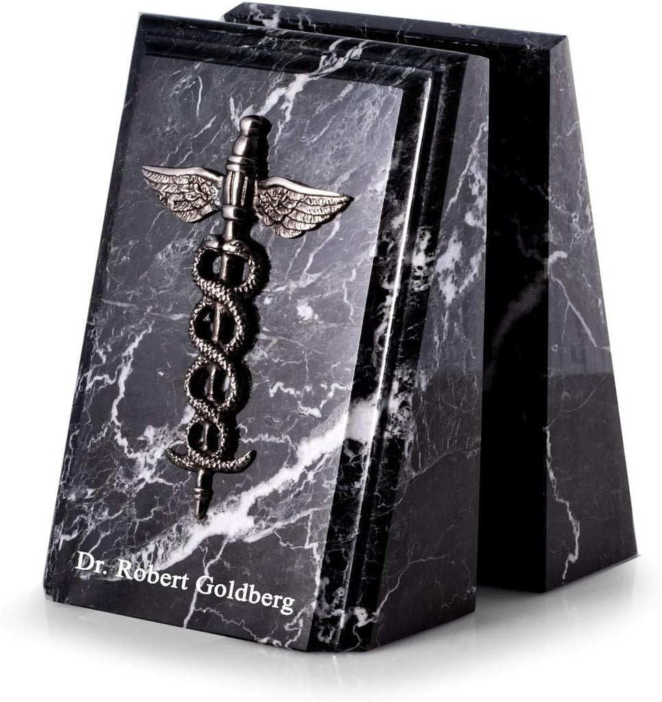 Personalized Marble Caduceus Bookends (Black, Set of 2), 7.25" Tall, 15 lb Heavy Medical Textbook Holders with Custom