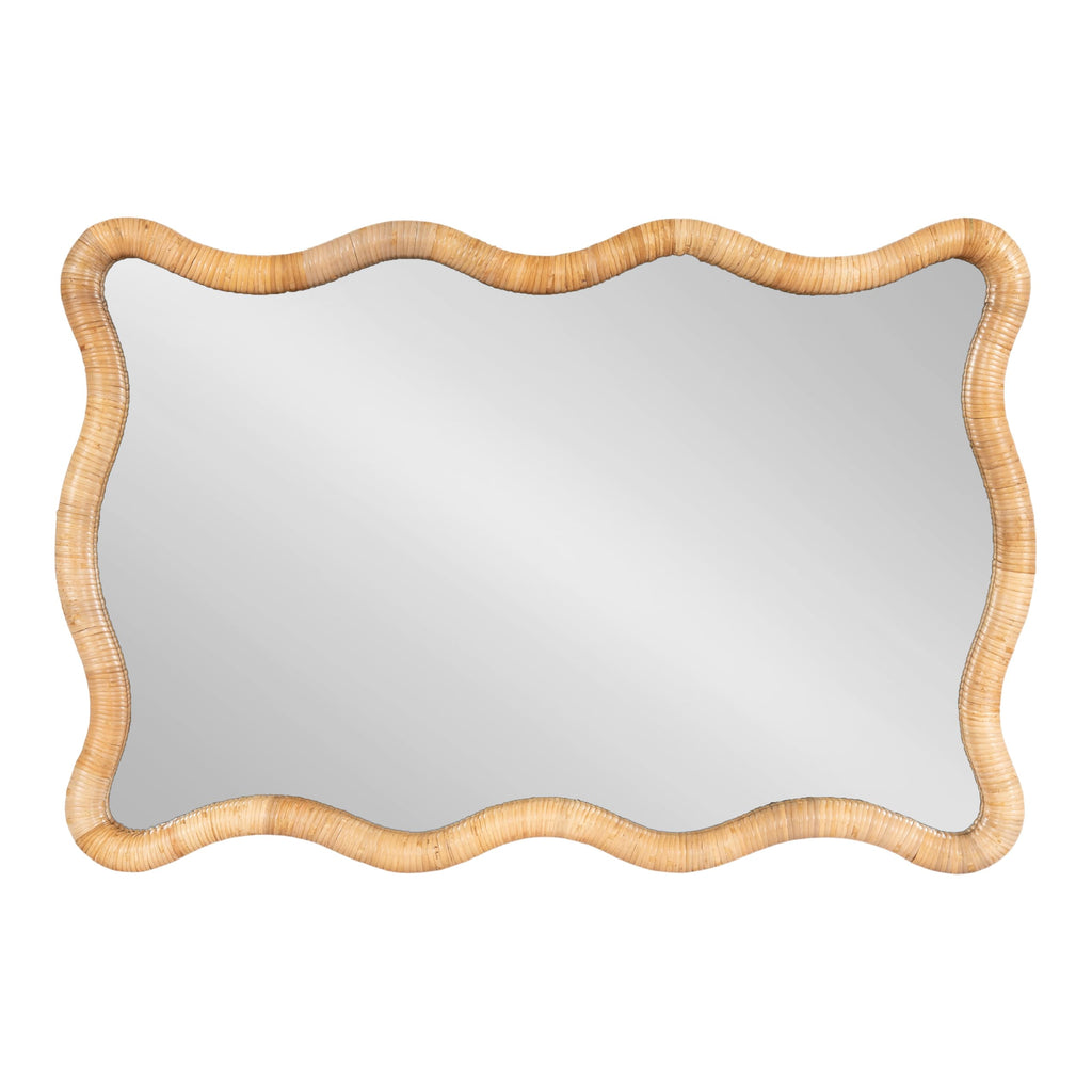 Rahfy Boho Scalloped Rectangle Rattan Wall Mirror, 24 x 36, Natural Wood, Decorative Rectangular Wavy Mirror with