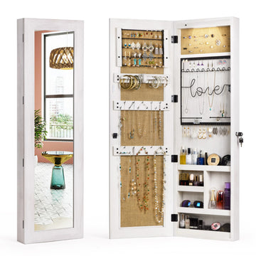 Washed White Jewelry Cabinet with Full Length Mirror, Solid Wood