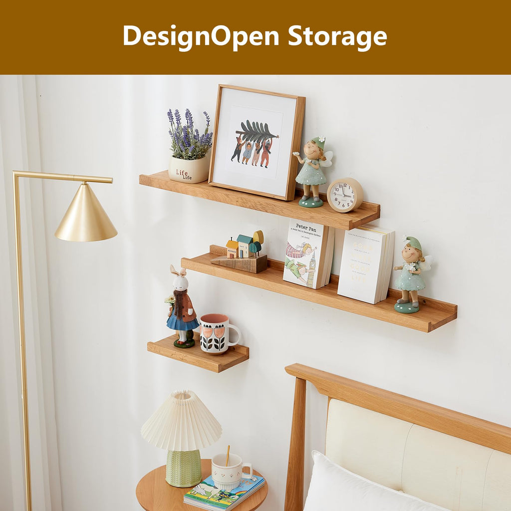 Oak Floating Shelves for Wall 12 Inch (Width 4"), Natural Wood Wall Shelves Display Picture Ledge Shelf Bedroom