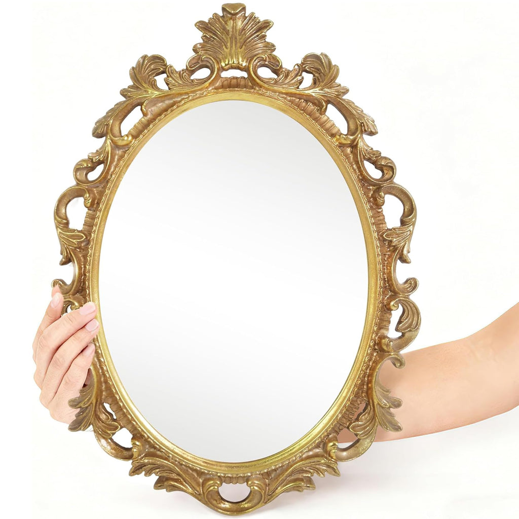 Antique Gold Oval Wall Mirror, Vintage Gothic Scroll