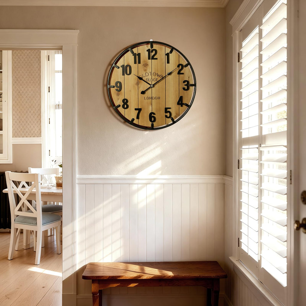 Farmhouse 24 Inch Wood Arabic Large Wall Clock with Metal Circle