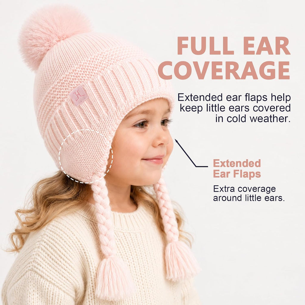 Baby Girl Winter Hat and Mittens Set, Wool Blend Pom Pom Beanie With Ear Flaps, For Infant Toddler Girls 0