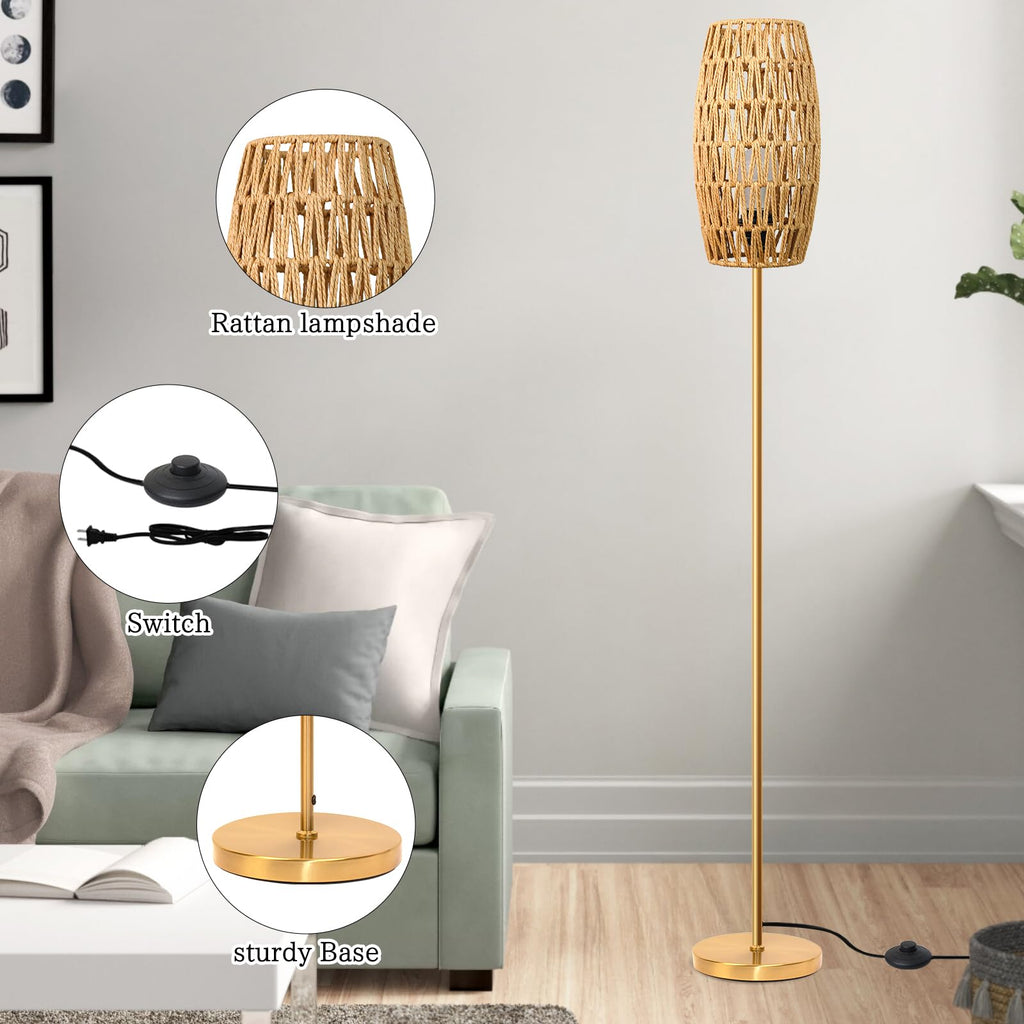 Floor Lamp,Farmhouse Floor lamp,Modern Standing lamp with Hand-Worked Rattan Shade (Drum Rattan Shade Body Gold