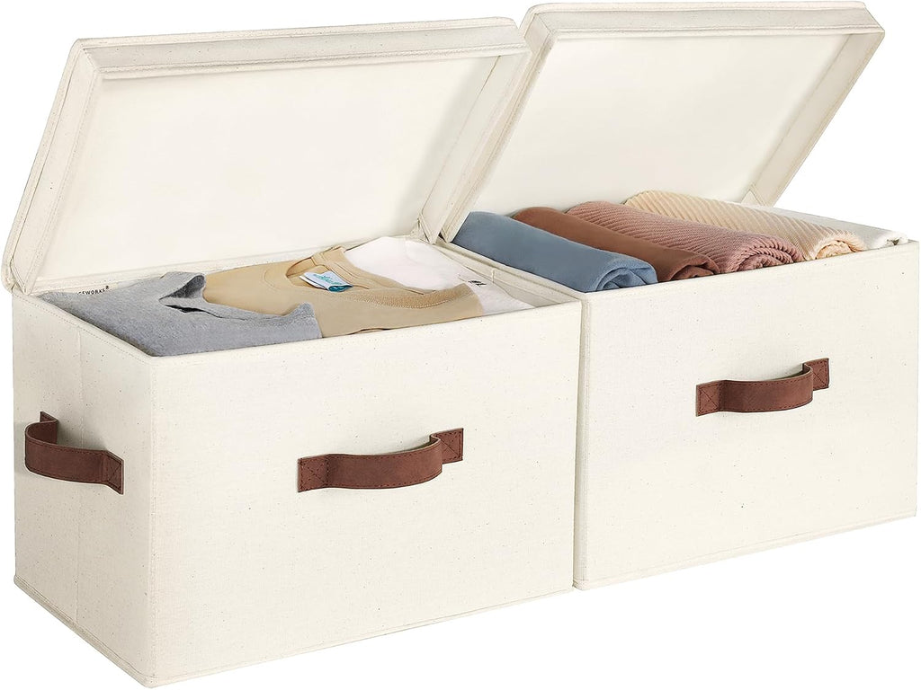 Fabric Storage Bins with Lid, Decorative Storage Boxes for Shelves, Stackable Closet Organizer Basket with Handles