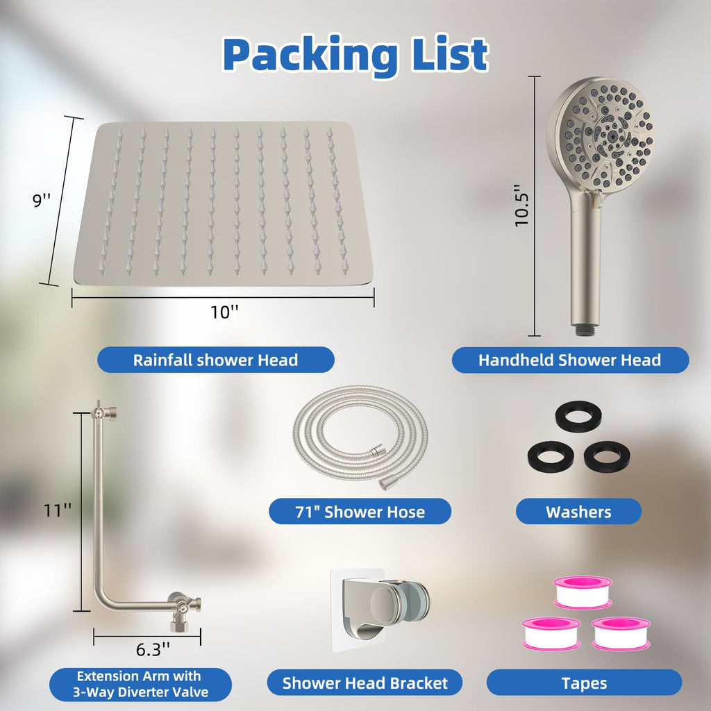 10" Metal Rainfall Shower Head with 10-Mode Handheld, Brushed Nickel