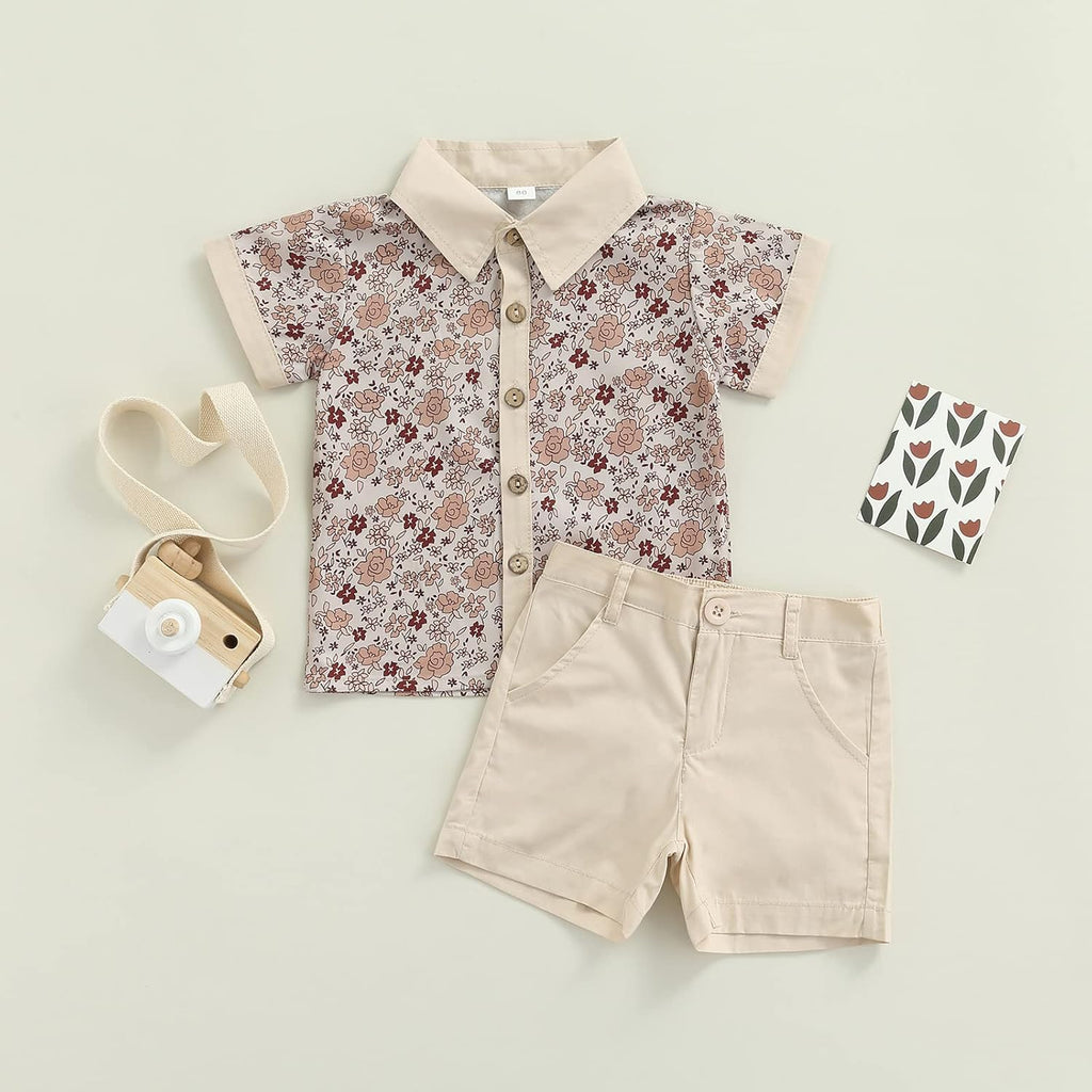 Toddler Baby Boys Summer Print Shirt Outfits Clothes Short Sleeve Button Down Tops + Shorts Set