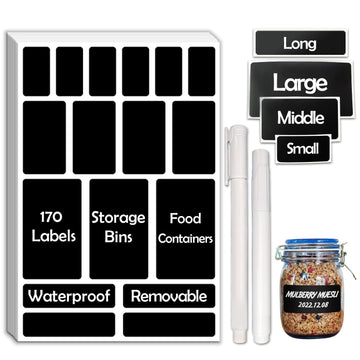 170Pcs Black Removable Labels for Jars with 2 Liquid Chalk Marker