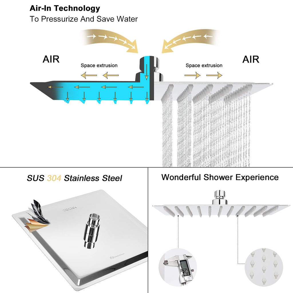 Rain Shower Head, High Flow Stainless Steel Square Rainfall Shower, High Pressure Design, Awesome Shower Experience