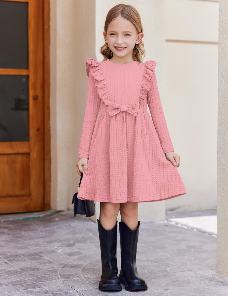 Toddler Girl Dress Ruffle Ribbed Knit Long Sleeve A-Line Swing Fall Winter Bowknot Casual Pink Dress with Pockets