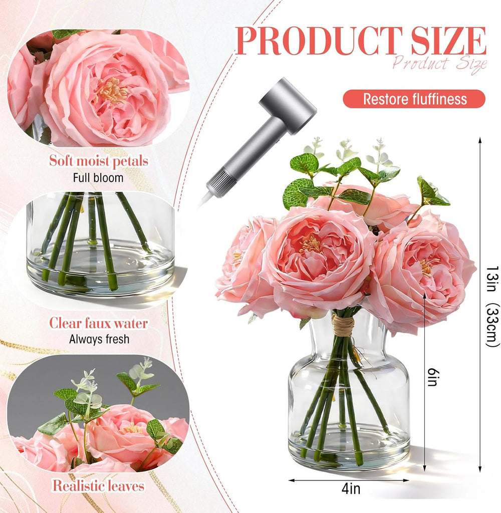 Real to Touch Penoies Artificial Flowers, Faux Austin Rose in Vase with Big Bloom and Fake Water Real Latex - Set of 6