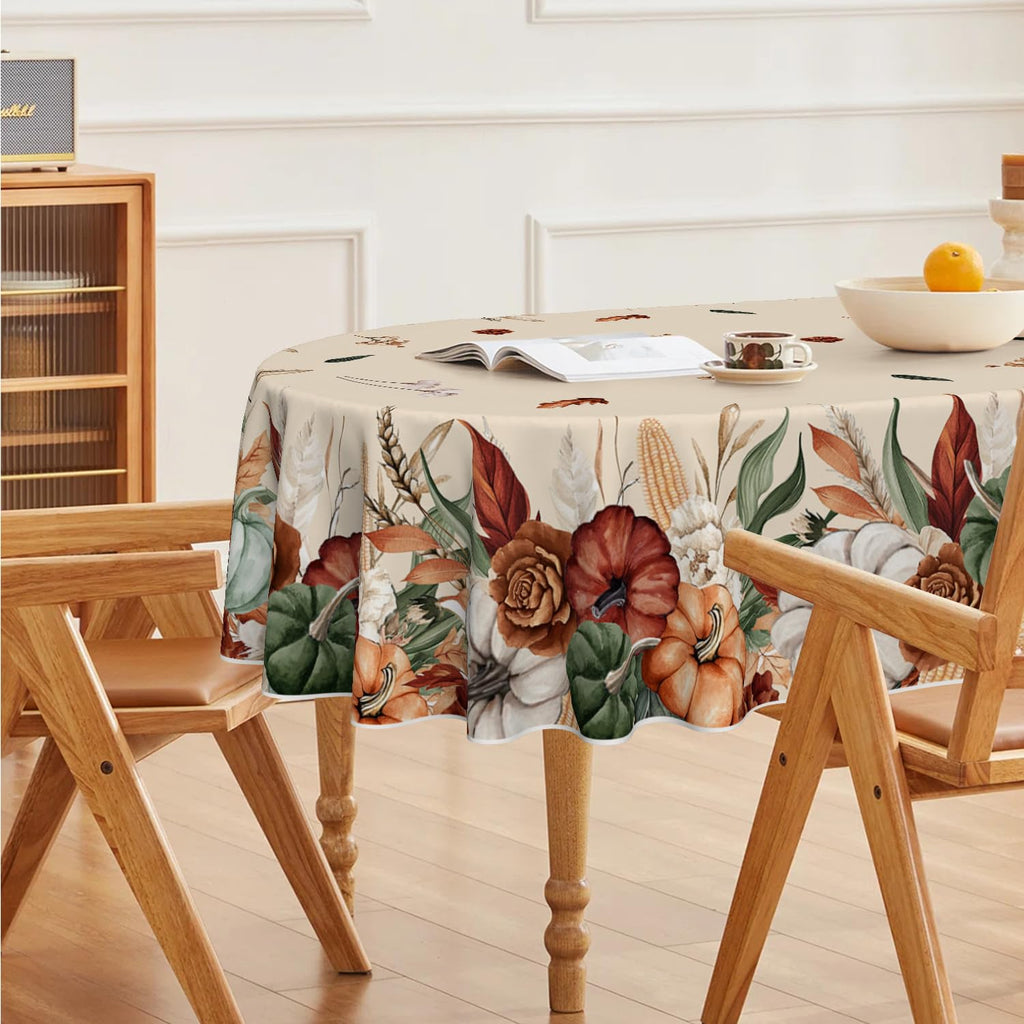 Fall Tablecloth 60 x 84 Inch Oval Flower Autumn Harvest Pumpkin